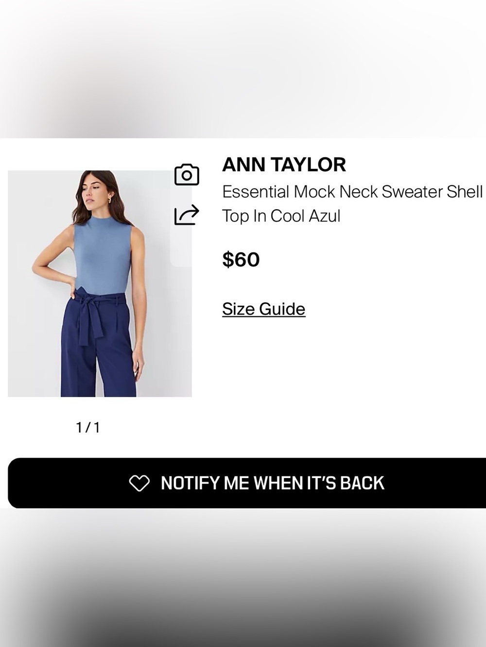 Ann Taylor women’s small shirt Mock Neck Shell Tank in Cool Azul Blue